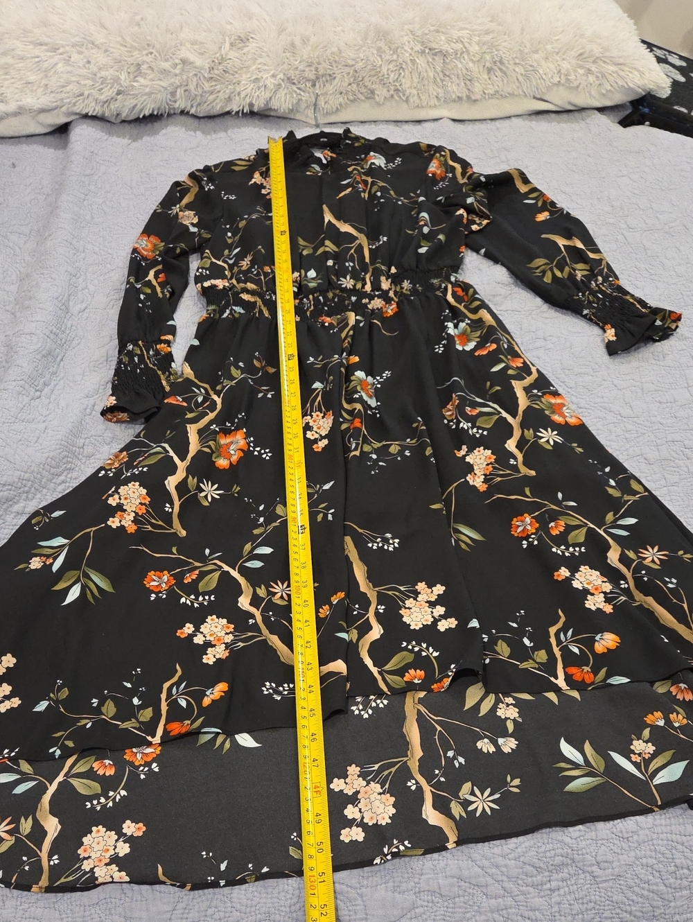 Black Floral Long-Sleeve Ruffled Neck Dress Size 14, New Without Tags! - Picture 7 of 14